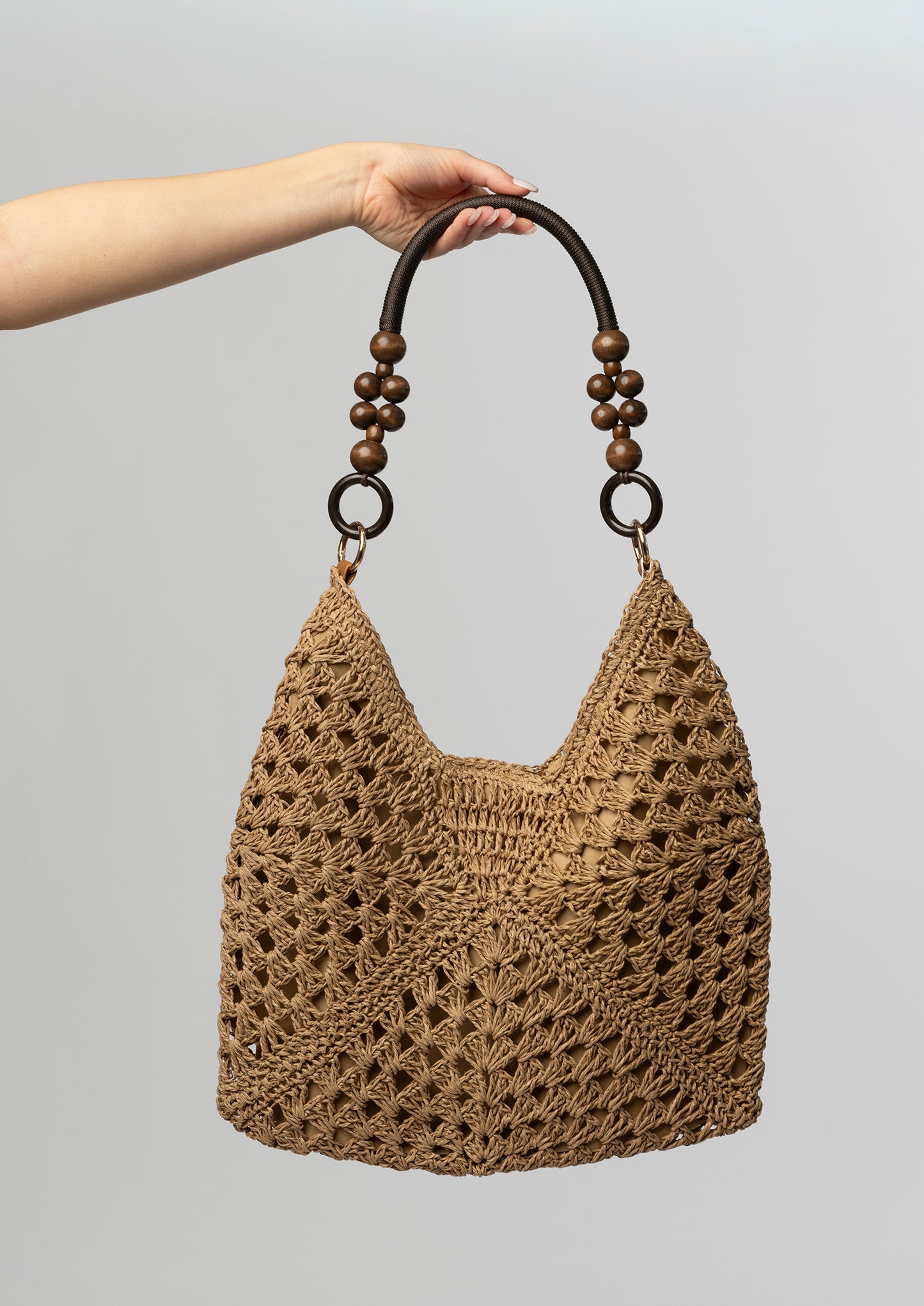 Camel woven tote with beaded handle