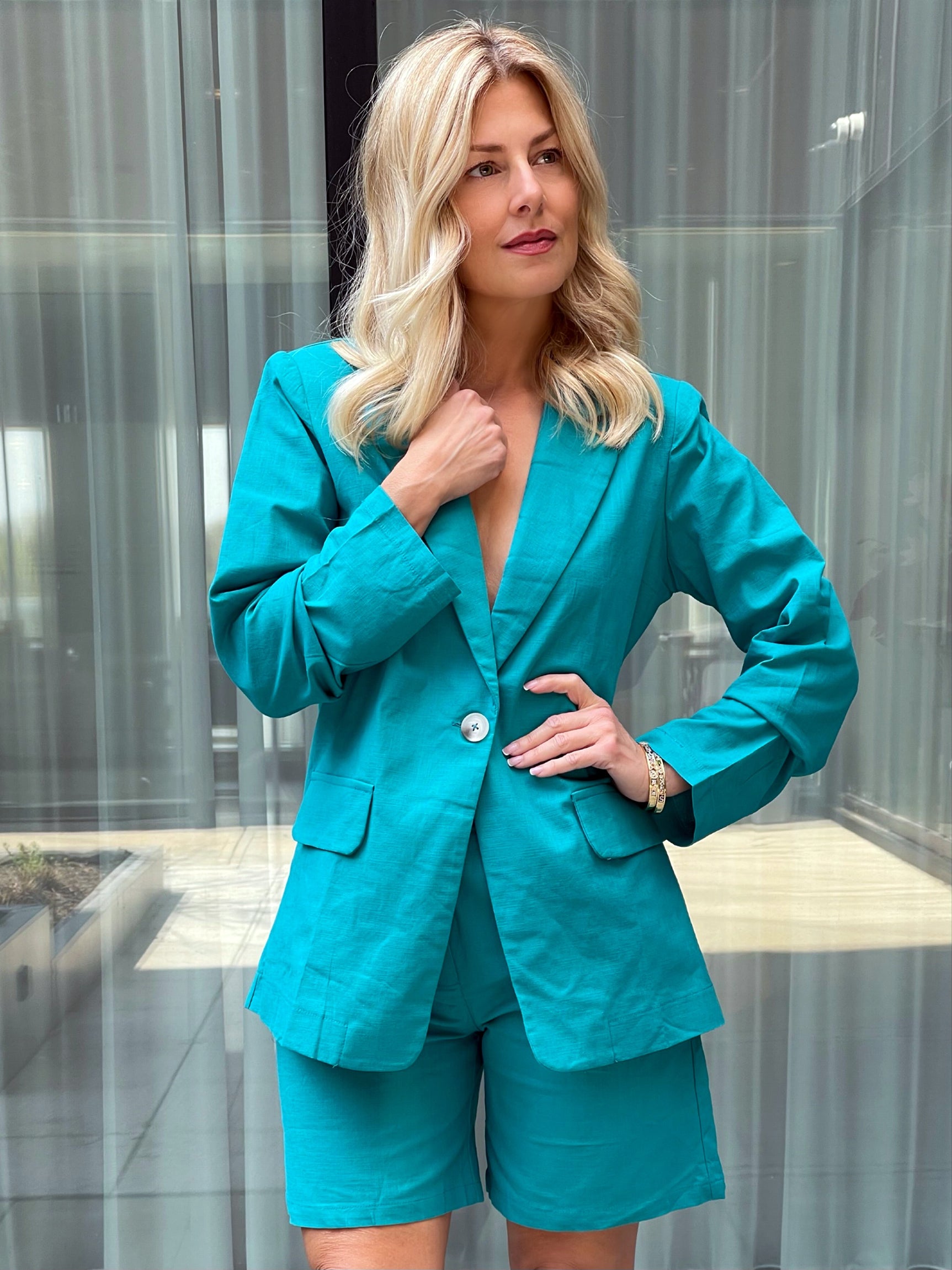 Linen Womens Blazer Shorts Set Suit Green Blazer And Shorts Set