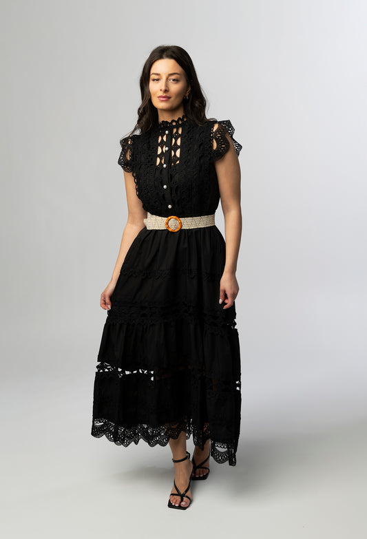 Isola black guipure lace maxi dress