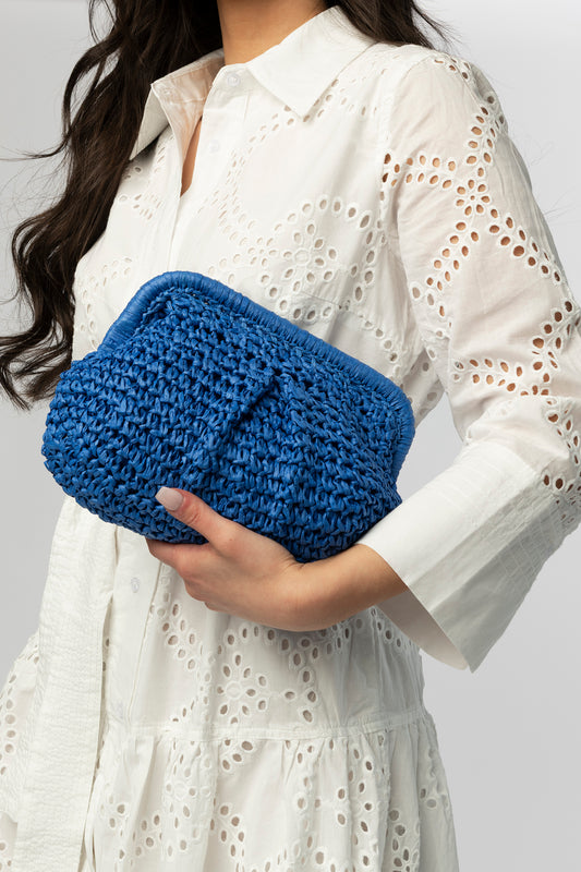 Cobalt woven clutch with beaded handle