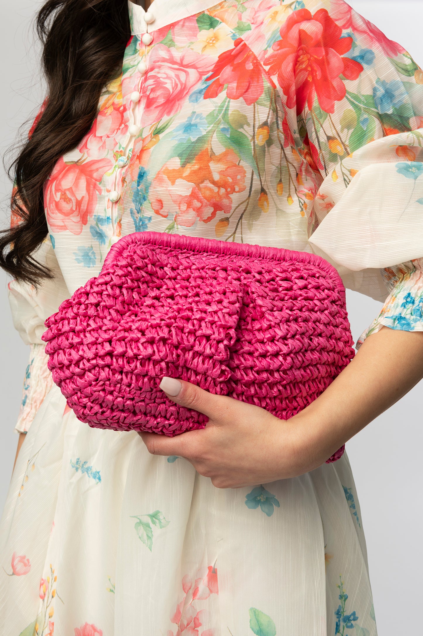 Rose woven clutch with beaded handle