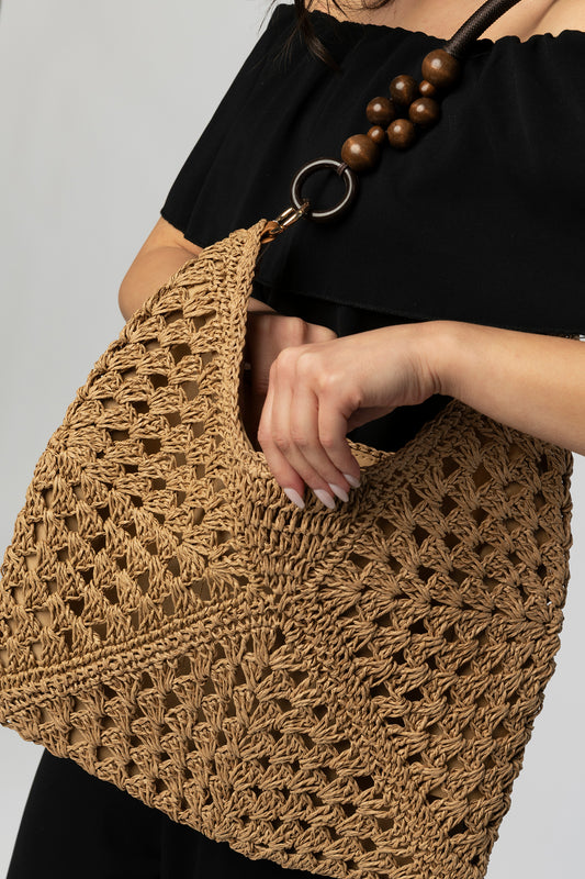 Camel woven tote with beaded handle