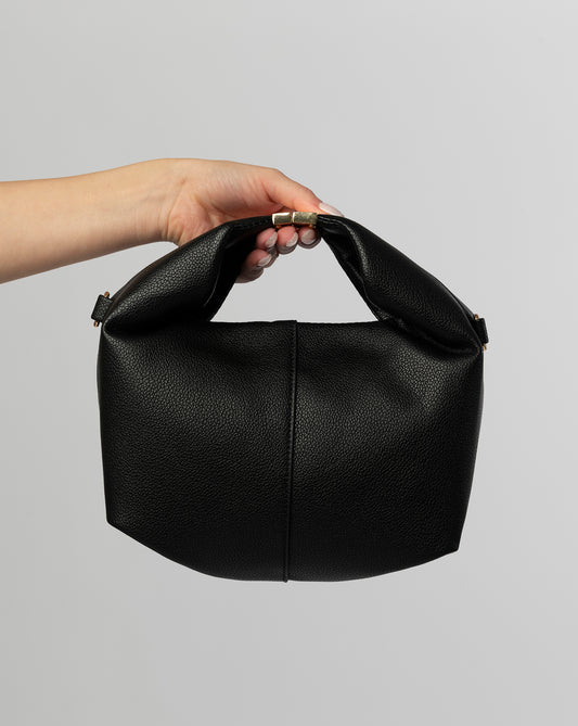 Black leather top handle bag with buckle