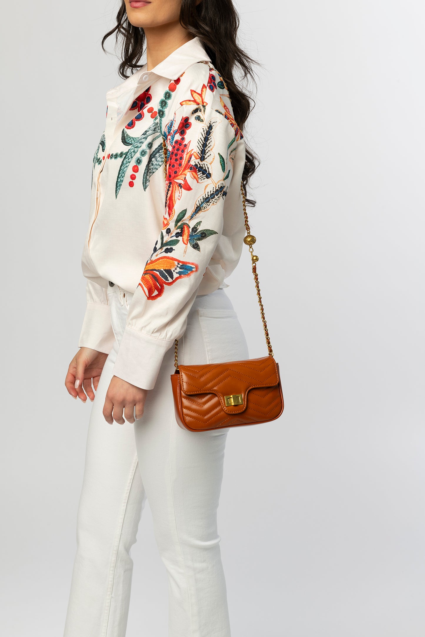 Camel herringbone leather crossbody bag