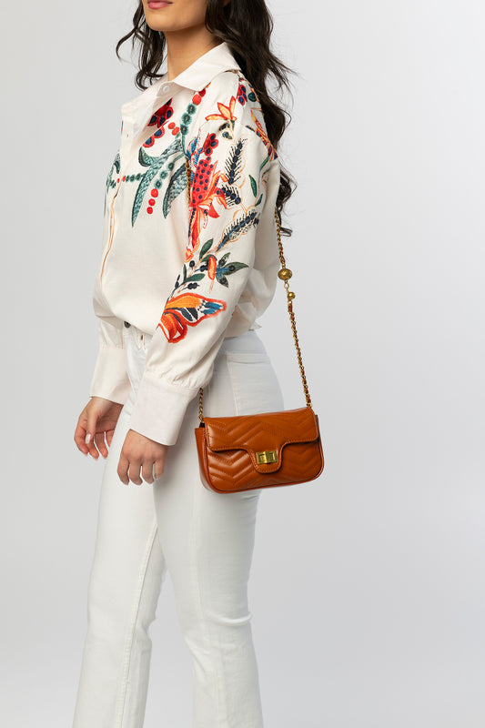 Camel herringbone leather crossbody bag