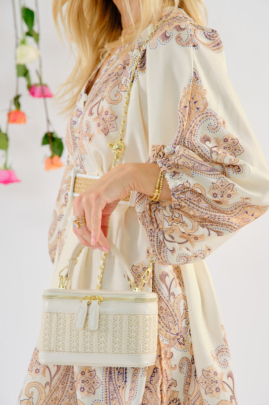 Kassandra white mini raffia handbag